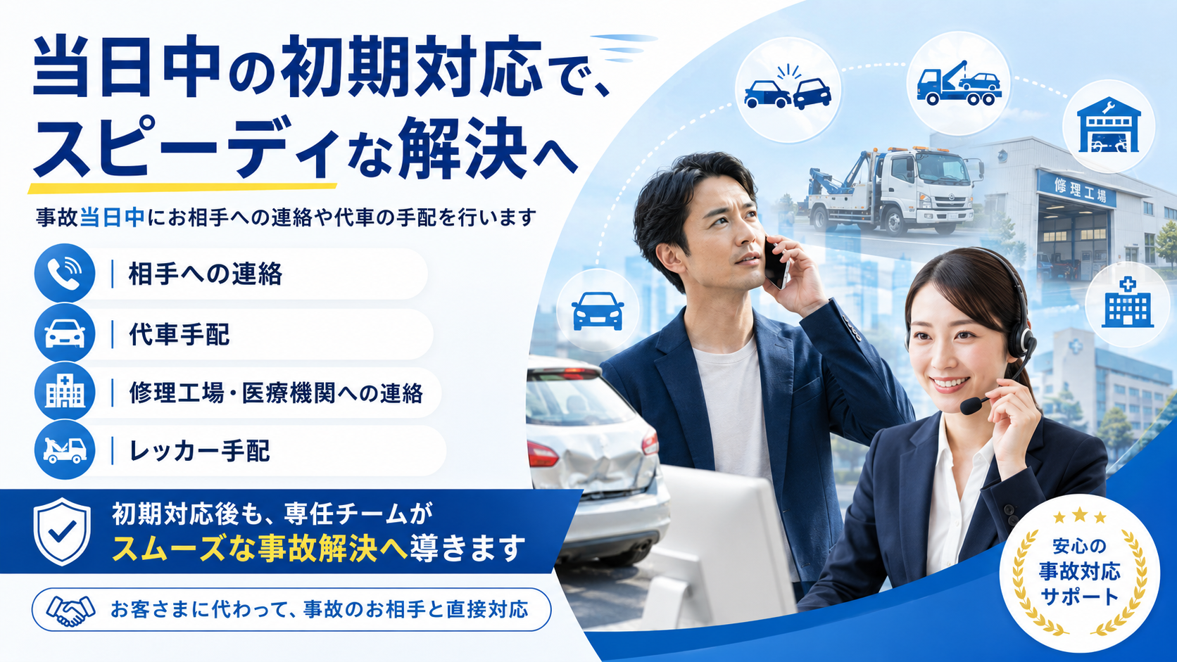 事故車のレッカー手配｜代車・初期対応サポート【保険適用】
